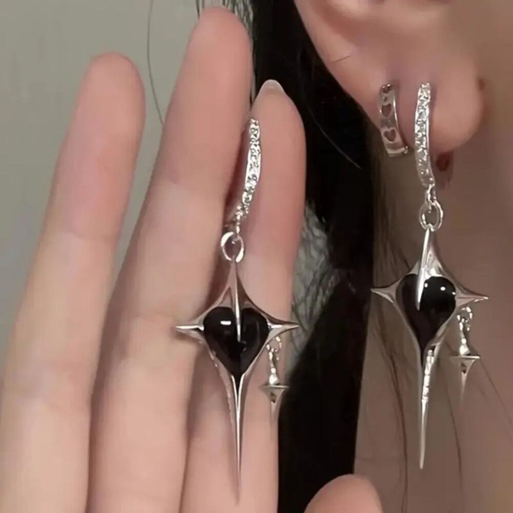 Goth Emo Punk Avant Garde Black Heart Spike Drop Earrings